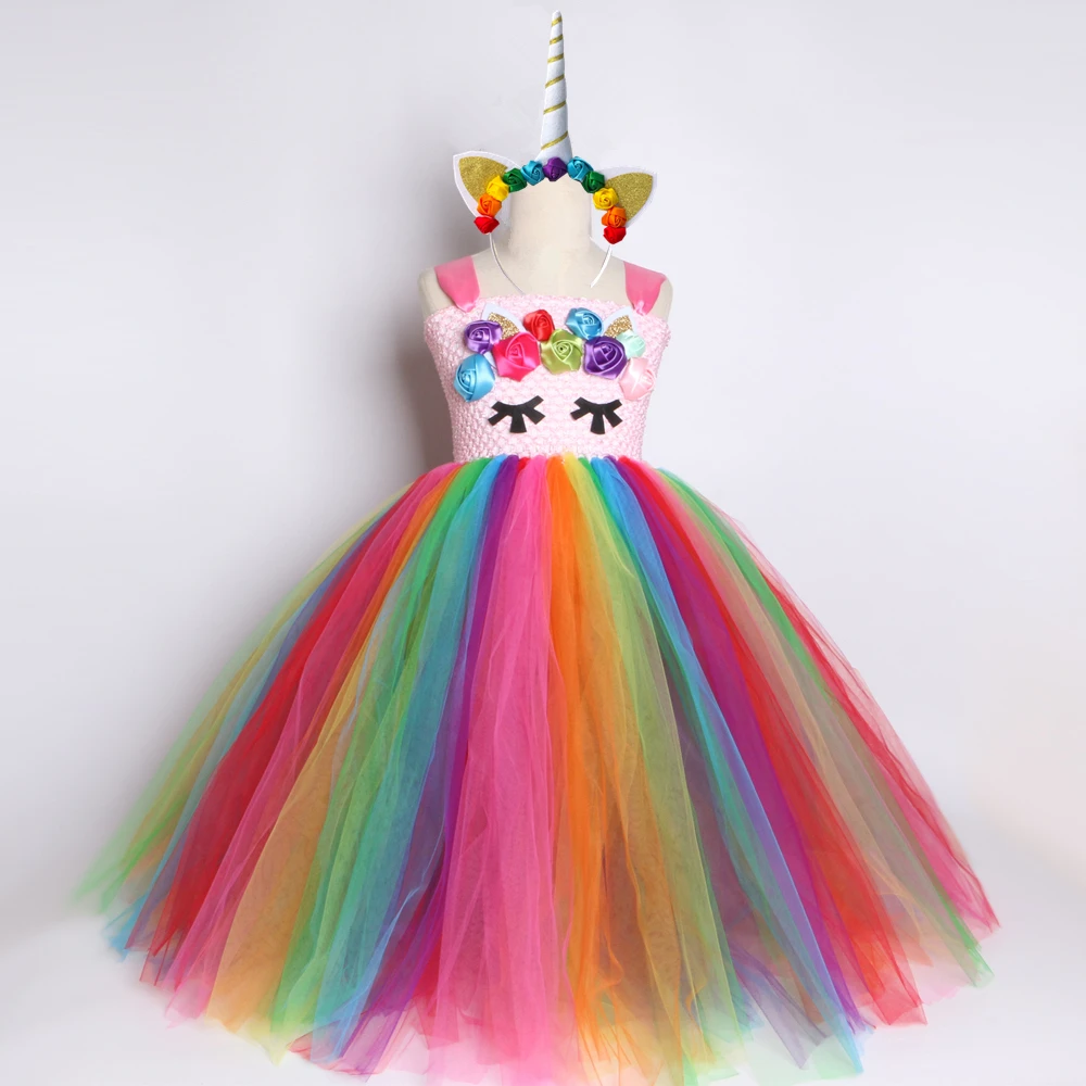 Bright Rainbow Unicorn Tutu Dress Princess Flower Girl Birthday Party Dresses Kids Girls Halloween Costume Clothes 1-14Y | Детская