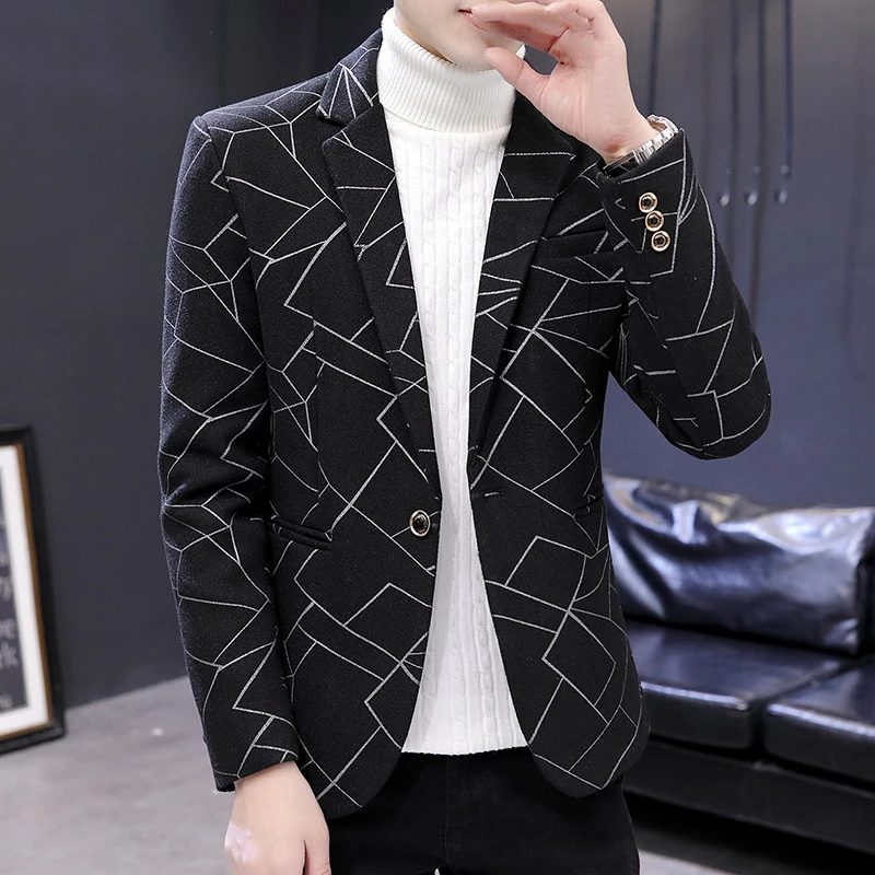 

Blazer Masculino 2021 Business Plaid Suit Jacket Men Casual Slim Fit Dress Woolen Coat Streetwear Social Men Blazers Veste Homme