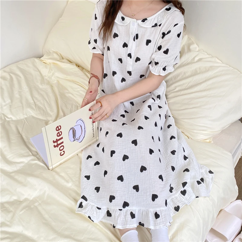 

CBAFU crepe cotton nightgowns love heart print cute short sleeve peter pan collar homewear dress loose midi nightdress M712