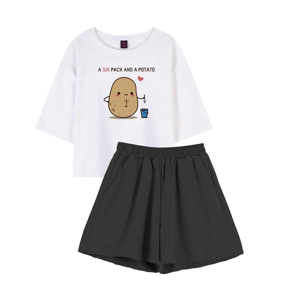 

Pj Sets for Women Shorts Sleepwear Women Cotton Plus Home Suit Potato Print Kawaii Shirt Girls Lounge Sets Summer T Shirt Suit
