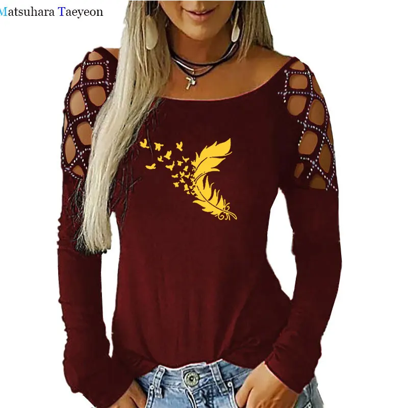 

Fashion Feather Printt Shirt Women Casual O Neck T Shirts Hollow Out Sexy Femme T-shirts Autumn New Tops Women 2020 T-shirt