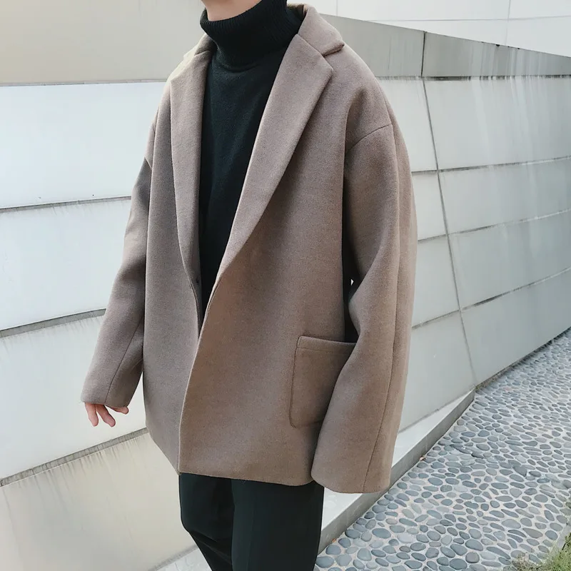 Winter Short Woolen Coat Men Fashion Solid Color Casual British Wind Woolen Jacket Man Loose Cotton Thick Woolen Overcoat Male
