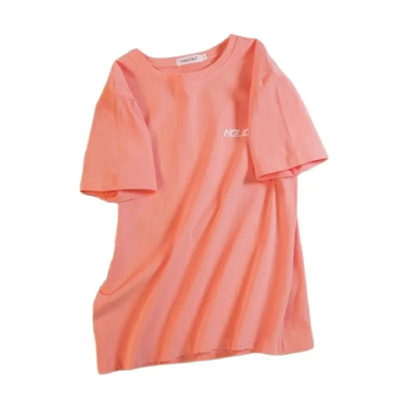

T-shirt Oversized Summer Basic Cotton Solid Color O-neck Short Sleeve Letter Print Top Casual Loose Korean Female Tops
