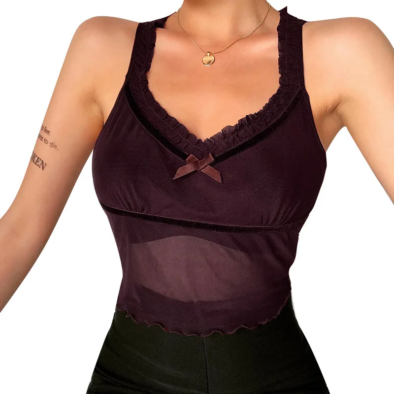 Коричневый с v образным вырезом сетчатые кроп топы Сетки Прозрачное нижнее белье