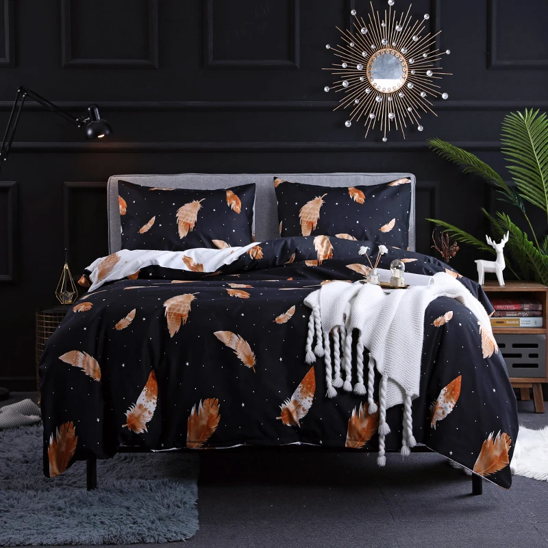 

Summer Bedding Set Luxury Dormitory Household Feather Printing Fashion Flat Duvet Cover Bed Sheet Single Double Bedding Set
