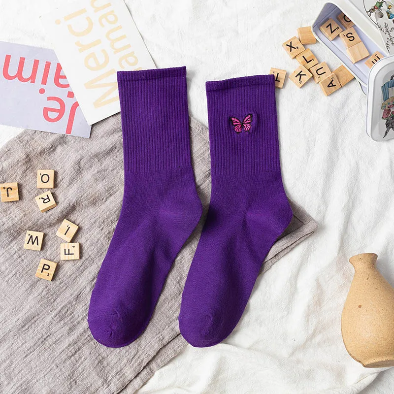 

Solid Color Ladies Pile Socks Cute Sock for Women Cotton Breathable Mid Tube Socks Japanese Style Butterfly Printted