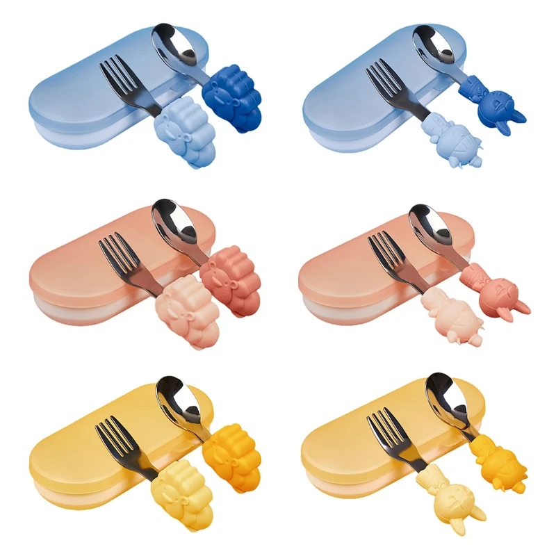 

2 Pcs Cartoon Animal Baby Stainless Steel Spoon Fork Set Soft Silicone Teether null