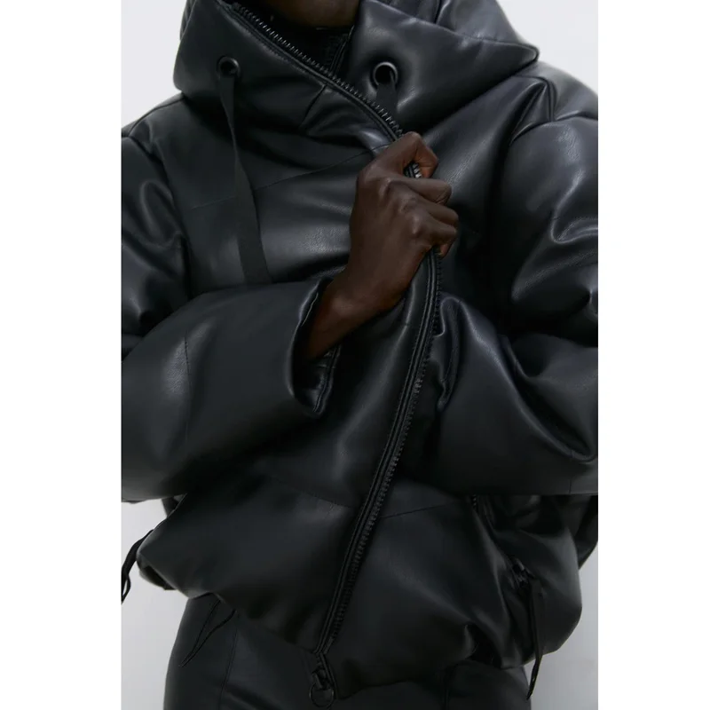 

RR PU Leather Parkas Women Fashion Hooded Faux Leather Coats Women Elegant Zipper Cotton Jackets Female Ladies ITnew