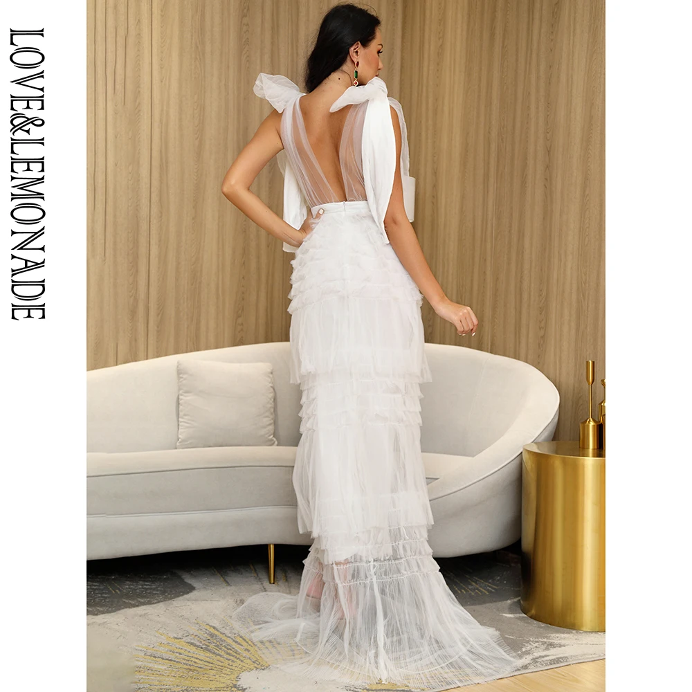 

LOVE&LEMONADE Sexy White V-Neck See-Through Mesh A-Line Layered Ruffles Party Wedding Maix Dress LM82629