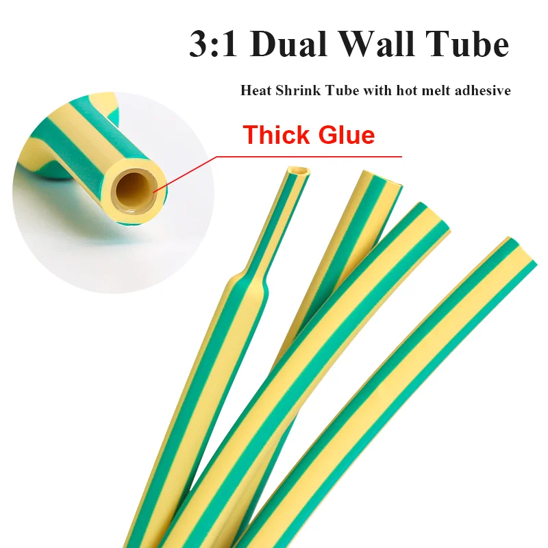 

1M/lot 3:1 Heat Shrink Tube with Glue Adhesive Lined Dual Wall Tubing Sleeve Wrap Wire Cable kit Yellow&Green Dual Wall