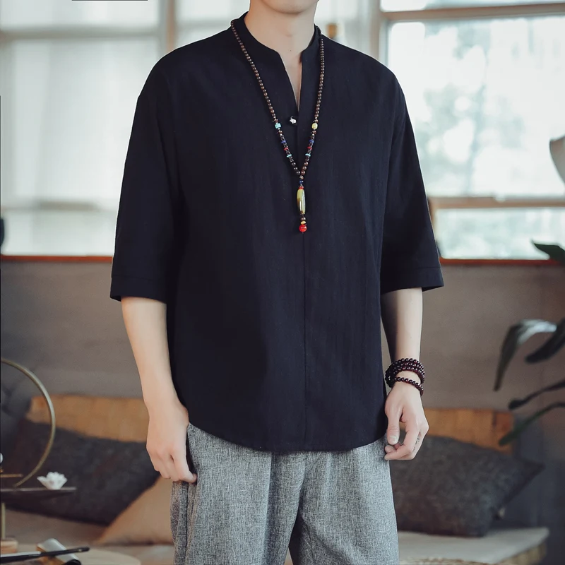 

Pure Color Cotton and Linen Men's Stand-up Collar Tshirt Fashion Summer Loose Comfortable Men Casual Short-sleeved Tee Shirts
