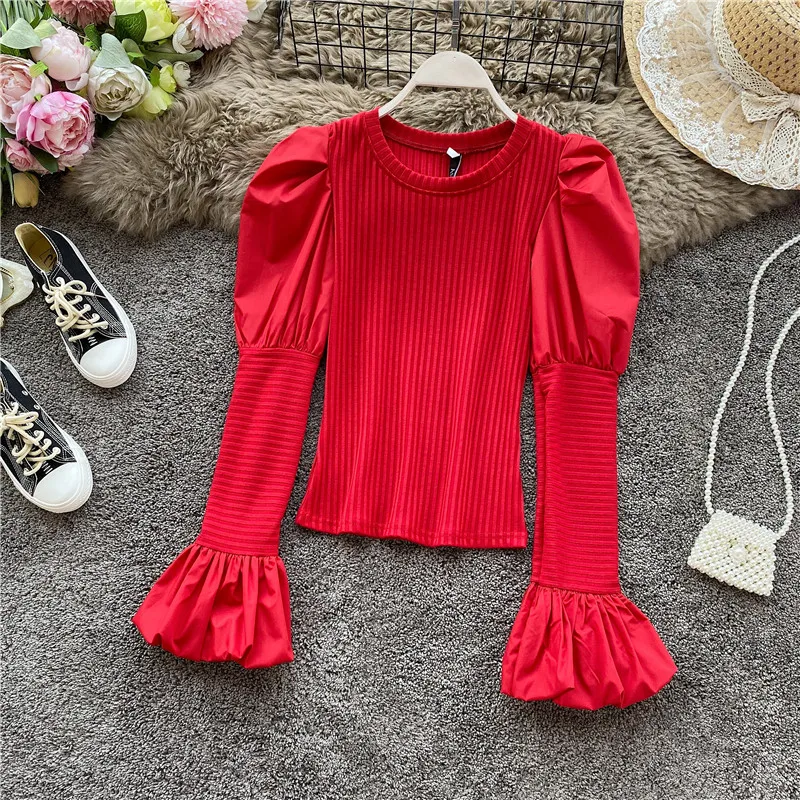 

2019 Fall Fashion Women Solid Color O-Neck Puff Sleeve Blouse Lady Long Sleeve Shirt Blusas Mujer De Moda A702