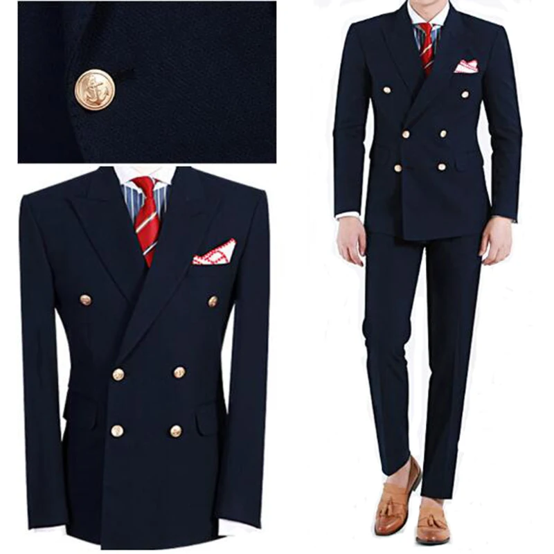 2021 Latest Coat Pant Design Men Suits Wedding Suits Navy Blue Peaked Lapel Double Breasted 2 Piece Terno Slim Costume Homme