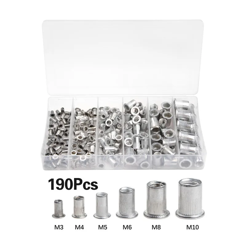 Tuerca de remache con caja de aleación de aluminio Rivnut, juego de tuercas roscadas de cabeza plana, 190 piezas, M3, M4, M5, M8, M10