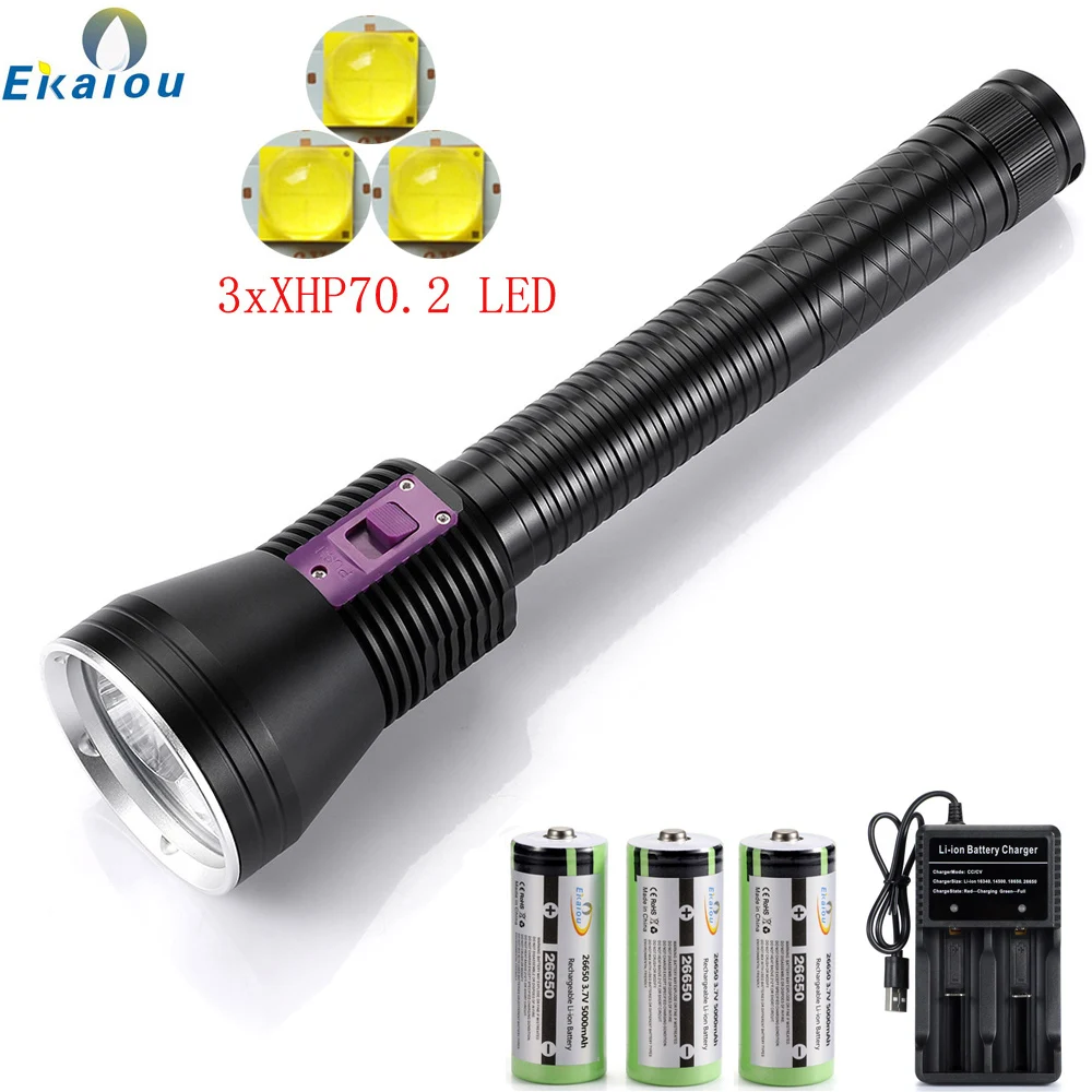 New Portable 3xXHP70.2 Diving Flashlight IPX8 Highest Waterproof Rating Professional Diving Torch...