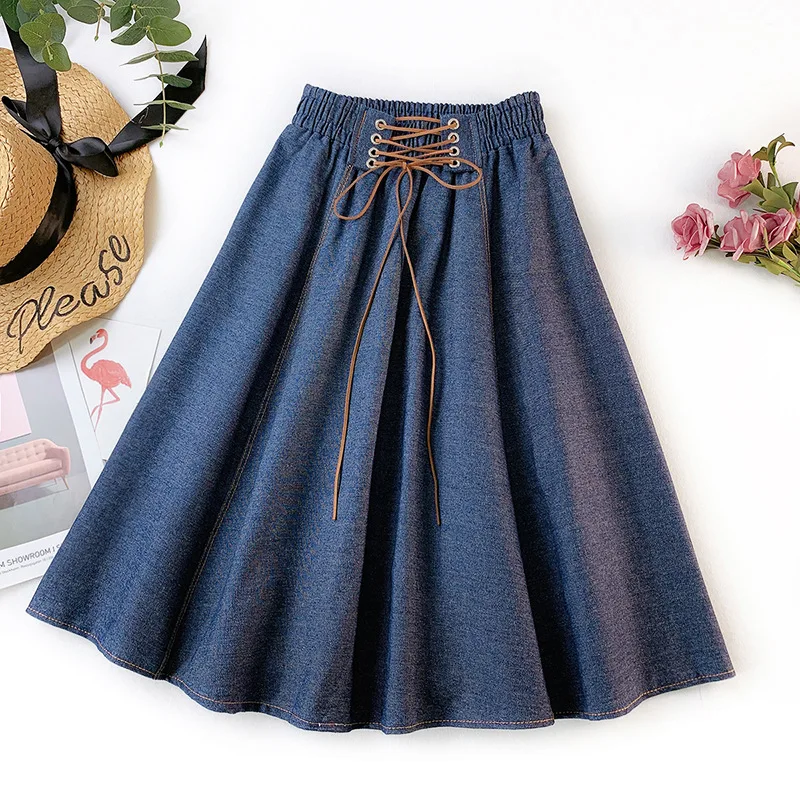 

Женская джинсовая юбка с завышенной талией, тонкая трапециевидная юбка-зонтик с широкой юбкой, новая юбка средней длины на весну и лето