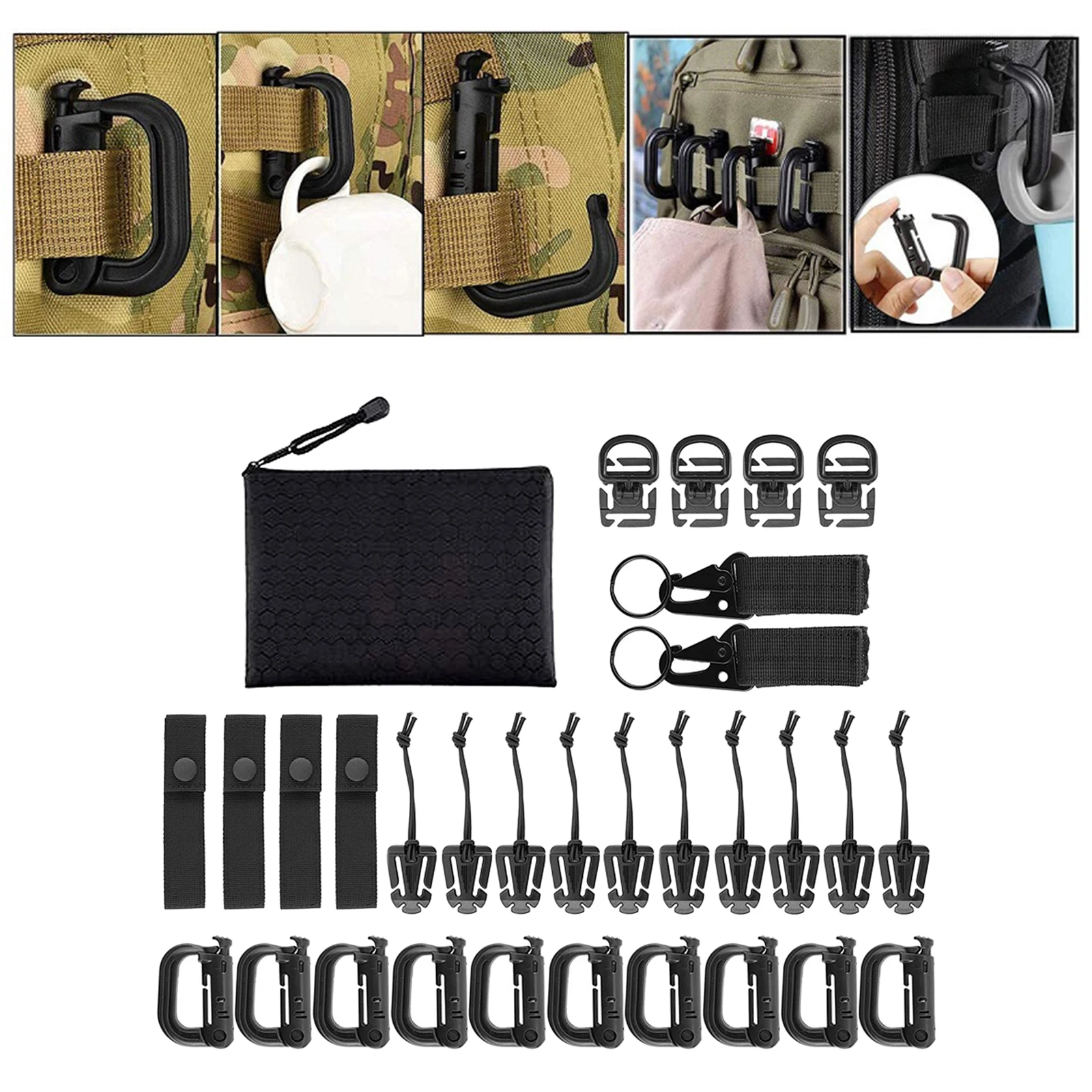 

30Pcs/set Tactical Gear Clip Buckle Strap D-ring Hook Hook-n-loop Keychain Strap For Molle Backpack Webbing Attachments