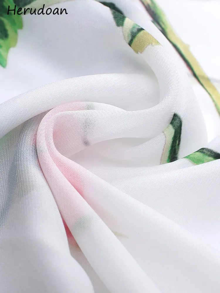 

Herudoan Fashion Runway Autumn Holiday Dress Lady Lantern Long Sleeve Elegant Rose Flower Print Vintage Chiffon Party Maxi Dress