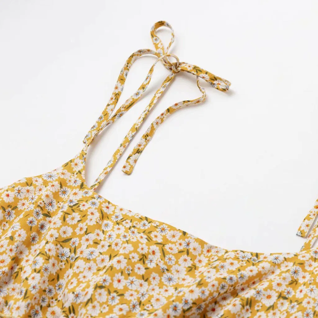 

Summer Floral Print Boho Beach Mini Dress Women Sexy Spaghetti Straps Bandage Sleeveless Dress Vintage Blackless Vestidos Robe