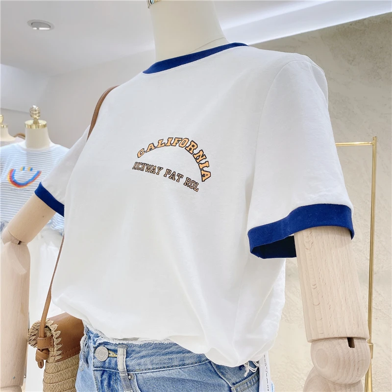 

2021 Summer Female Slimming Simple Letters Printed Tops New O-neck Loose Short Sleeve T-shirt Women Fashion Simple Pullover Tees
