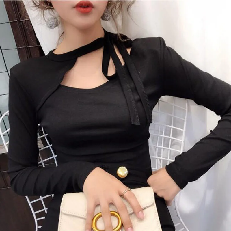 

Spring Autumn New Style Women T-shirts Fashion Solid Color Long Sleeve Bow Tie Women Tops Tees Slim Fit Women T shirt