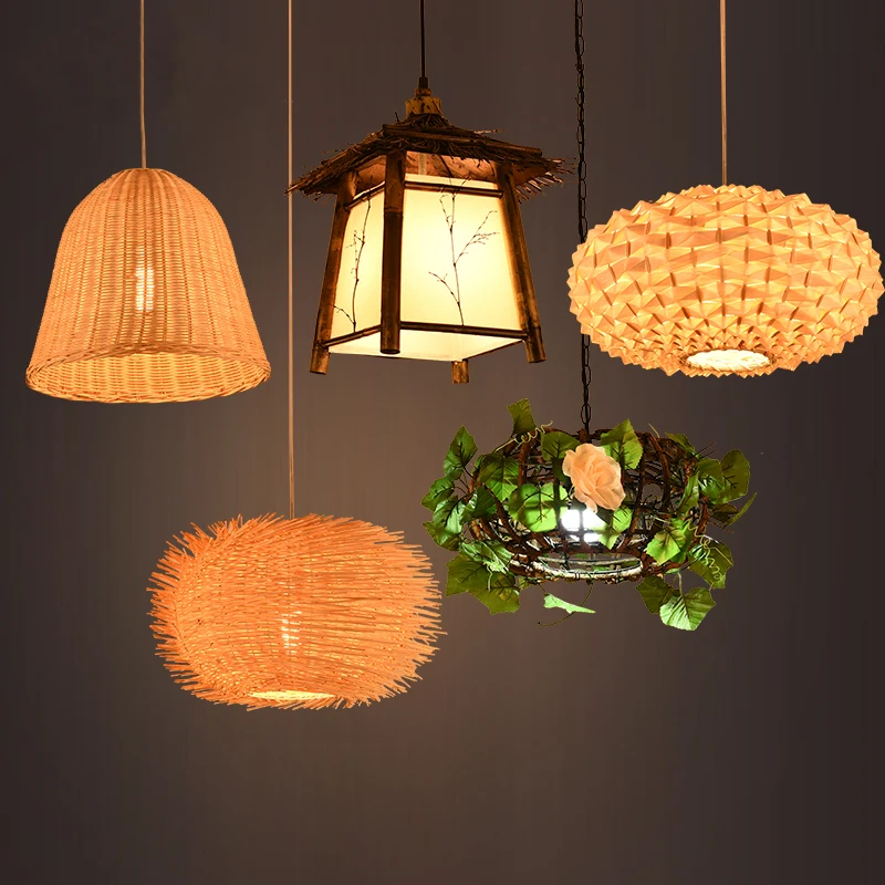 

Pastoral vintage rattan chandelier restaurant straw hat creative lamp