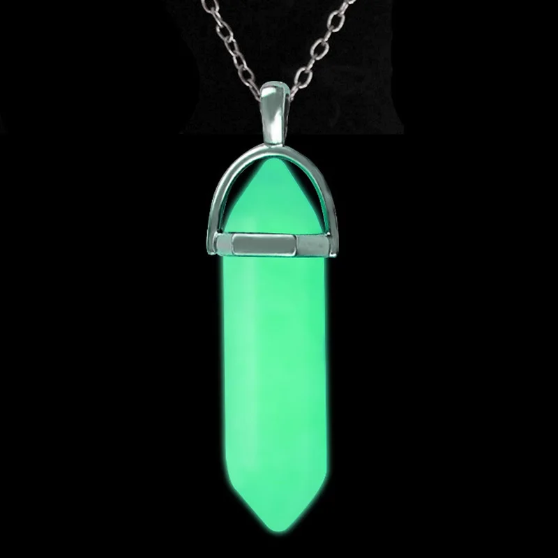 Luminous Fluorescent Natural Gem Stone Quartz Bullet Hexagonal Pendulum Pendant Necklace men's women's Glow in the dark Charm |