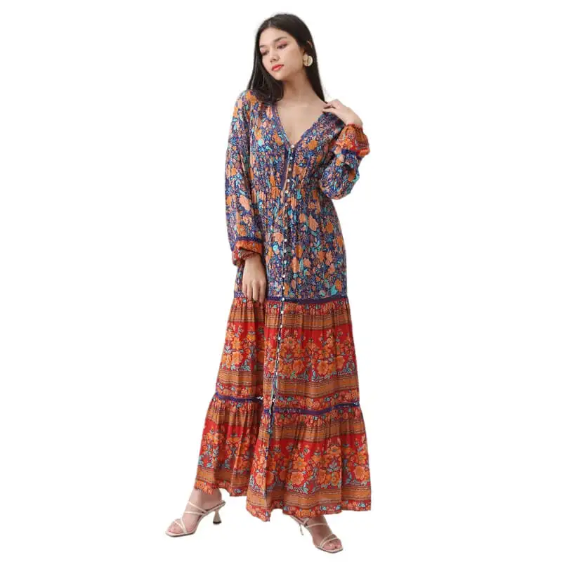 

Button Down V Neck Floral Print Boho Maxi Dress Lady Bohemian Summer Long Sleeve Women Beach Dresses Female Robe Jurkjes Vestido