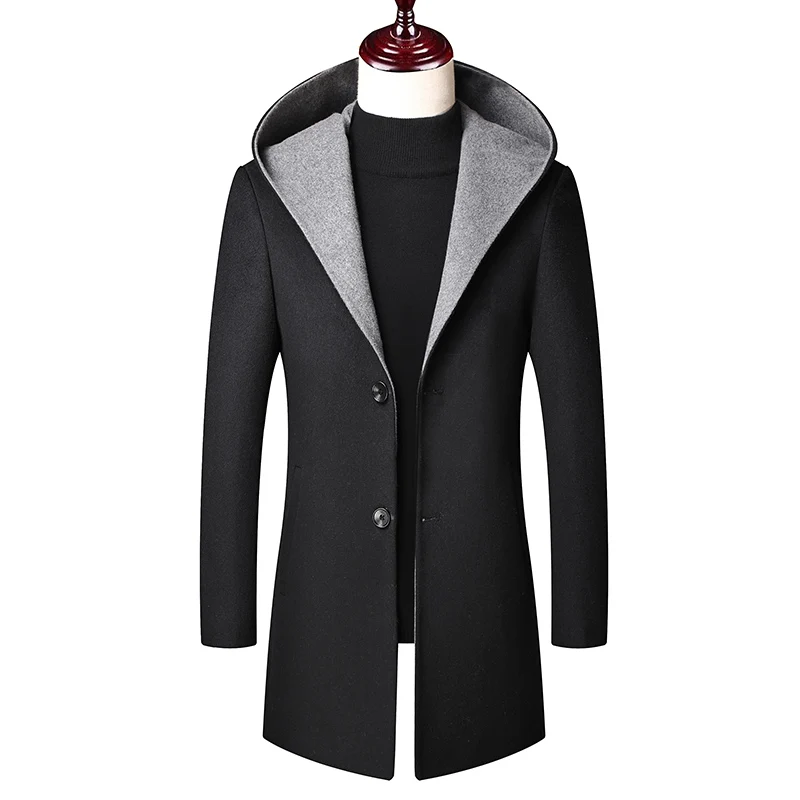 

Новое Зимнее Шерстяное приталенное пальто с капюшоном в британском стиле на осень-зиму, Длинная ветровка, Мужская шерстяная куртка, повседн...