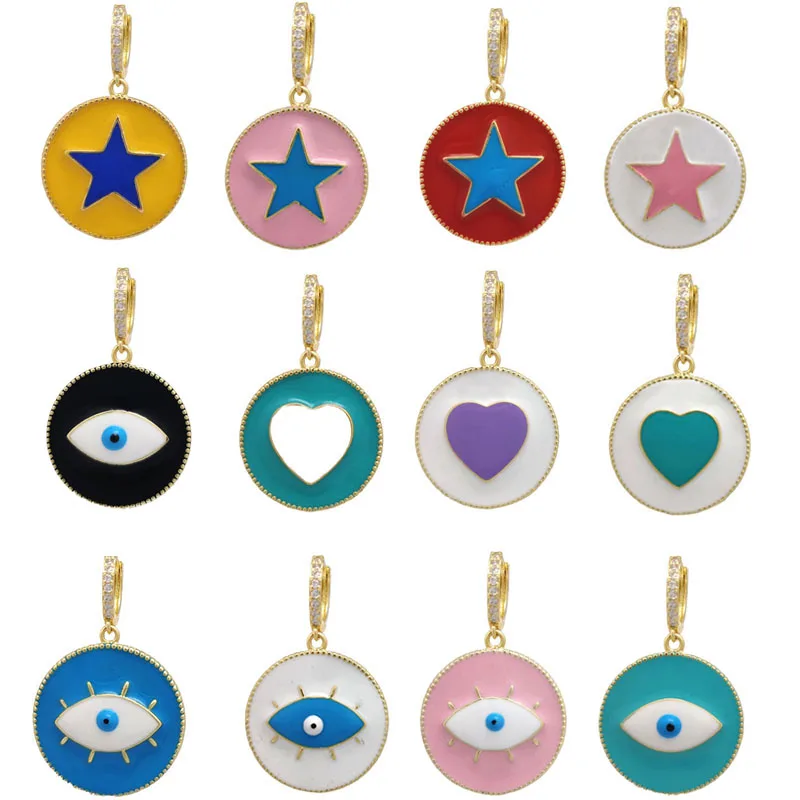 

QMHJE Hoop Earrings Women Enamel Heart Star Evil Eye Turkish Earring White CZ Jewelry Gold Candy Color Yellow Purple Red Aretes