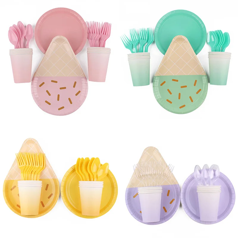 

40Pc/Set Ice Cream Party Disposable Tableware Party Table Decoration Baby Shower Plates Cup Fork Wedding Birthday Party Supplies