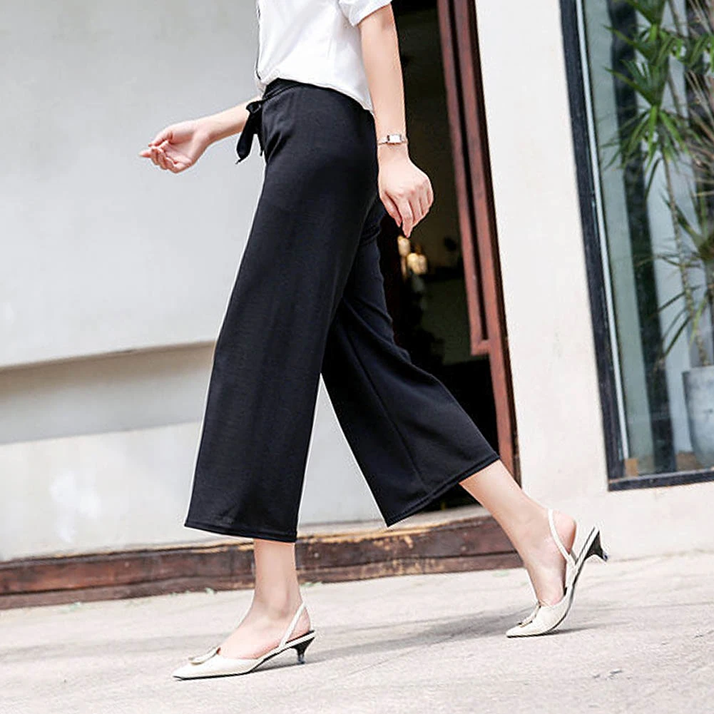 Летние модные женские полосатые свободные прямые широкие брюки на шнуровке 9/10