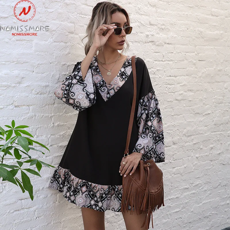 

Fashion Women Spring Autumn Casual Loose Dress Patchwork Design Ruffles Decor V-Neck Butterfly Sleeve Pullovers Mini Dress