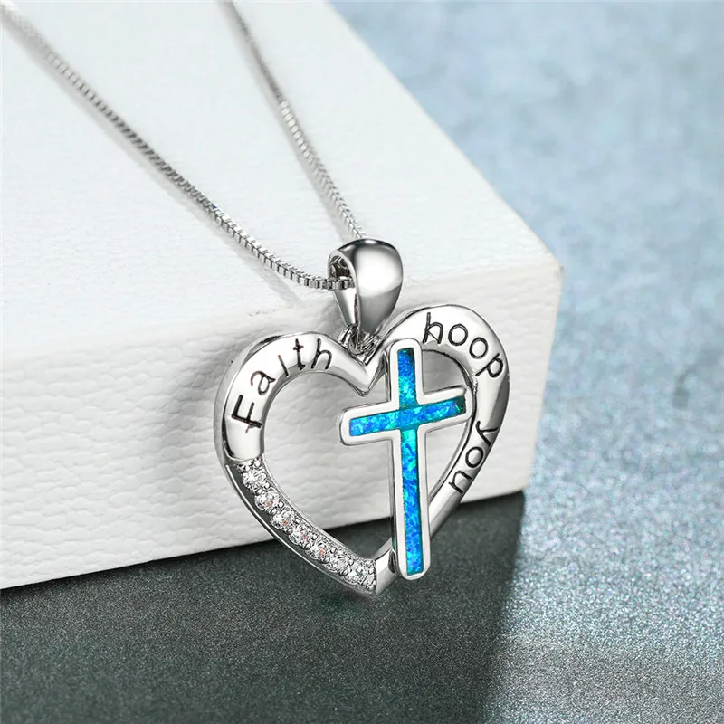 

Vintage Female Cross Opal Pendant Necklace Charm Silver Color Chain Necklaces For Women Cool Crystal Love Heart Wedding Necklace