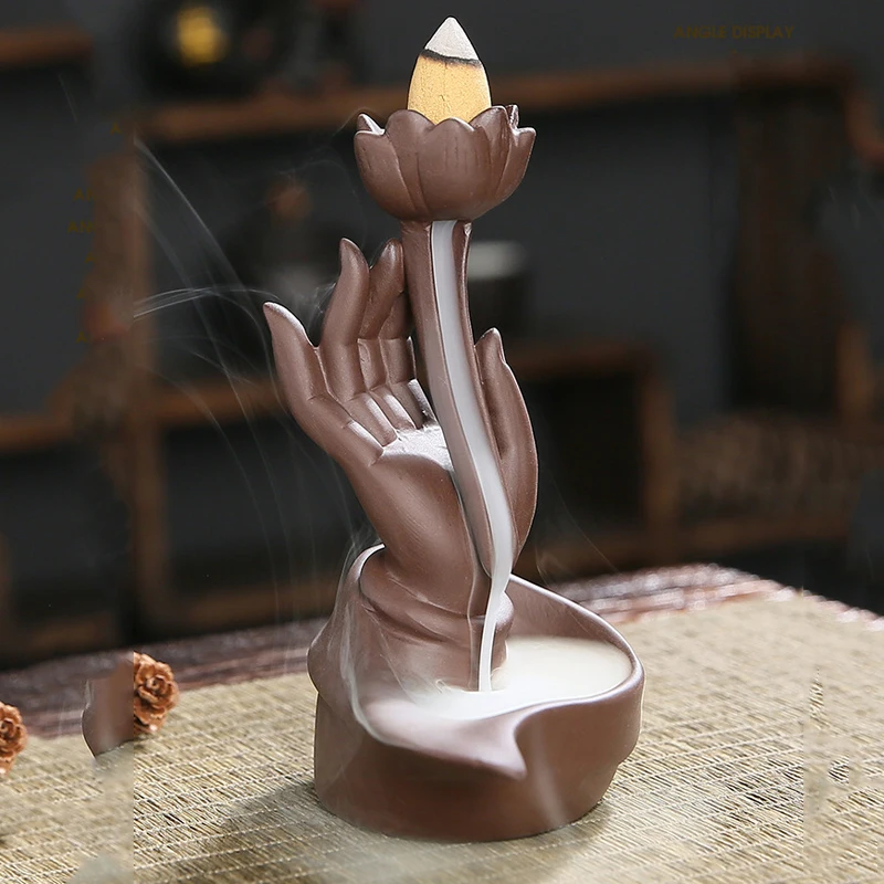 

1x Bergamot Purple Sand Backflow Aromatherapy Oven Ceramic Lotus Waterfall Handmade Incense Oven Stand Desk Home Decoration