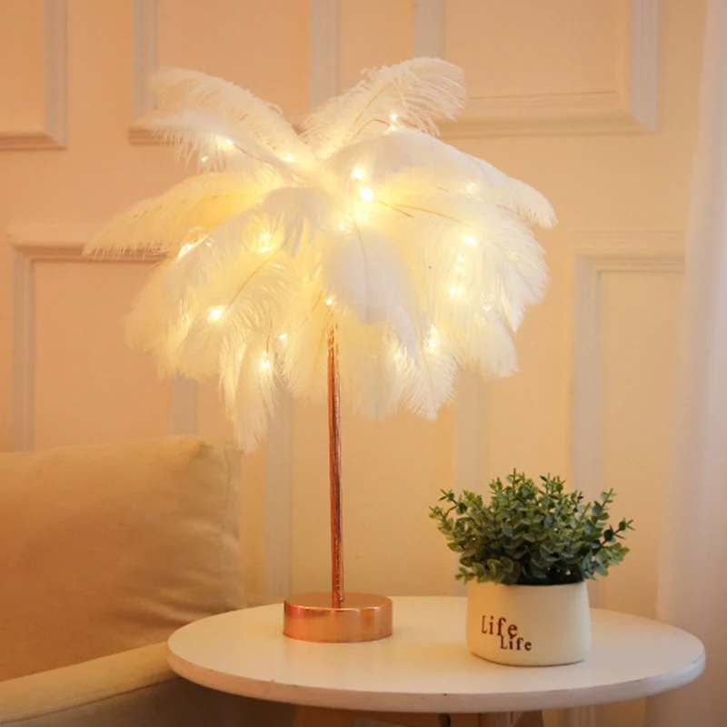 

DIY Creative Feather Table Lamp Warm White Light Tree Feather Lampshade Girl LED Wedding Decorative Lights Pink White Birthday