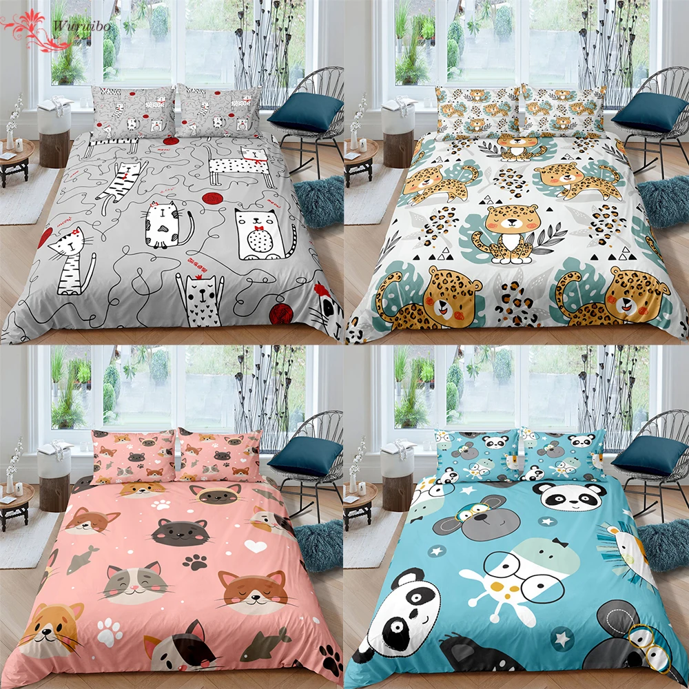 Cat 2/3 Pieces Duvet Cover Set No Bed Sheet Cartoon Animal Panda Bedding Set Kid Teens Girl Bed Set Quilt Cover 90/135 Bed Cover