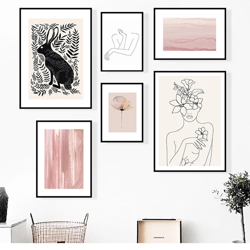 

Абстрактные розовые плакаты, принты на холсте, Женская линия лица, бохо, Настенная картина, скандинавский Декор для гостиной, дома