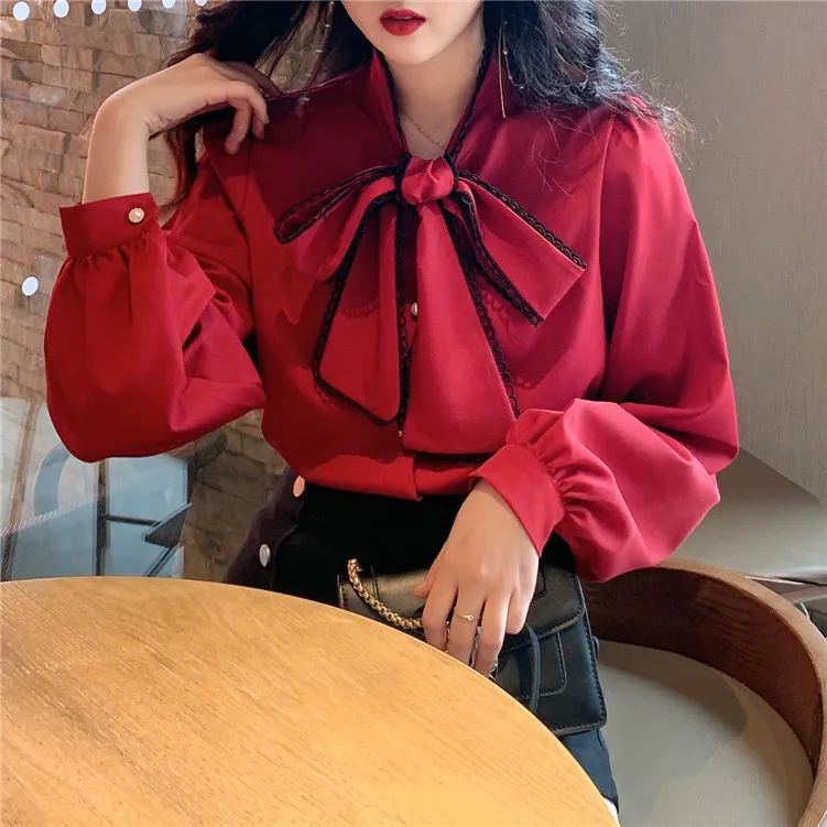 

Long Lady Vintage Bow Ladies Office Spring Loose Korean Blouses Blouse White Sweet Sweet Shirts Women Sleeve 92066 Shirts White