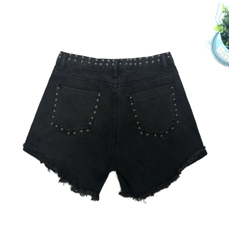 

DenimColab 2021 Fashion Studs Black Denim Shorts Women Summer High Waist Finge With Holes Short Jeans Ladies Casual Hot Shorts