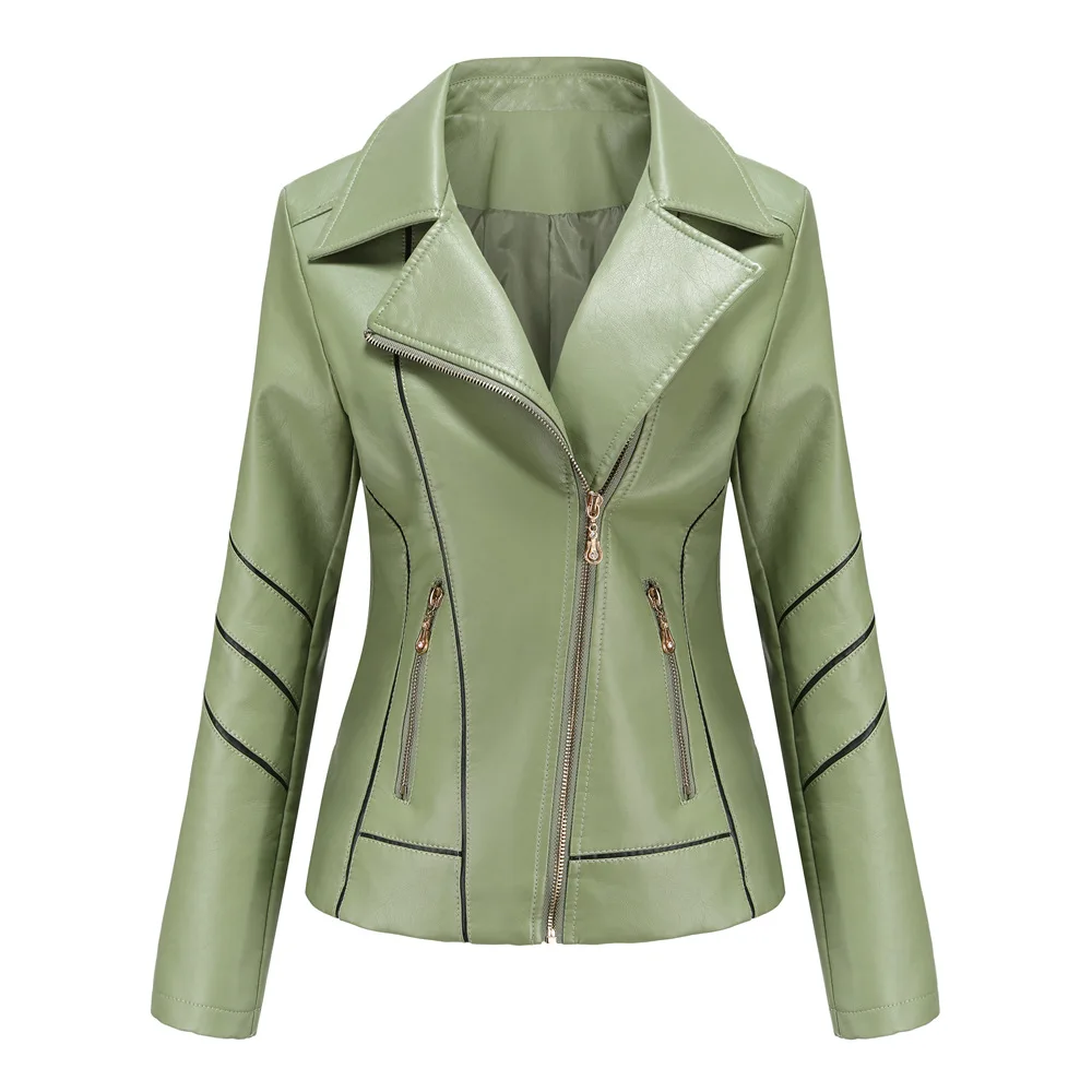 

Fashion streetwear faux leather jacket Autumn PU jackets for women 2021 long sleeve turn-down collar slim perfecto cuir femme