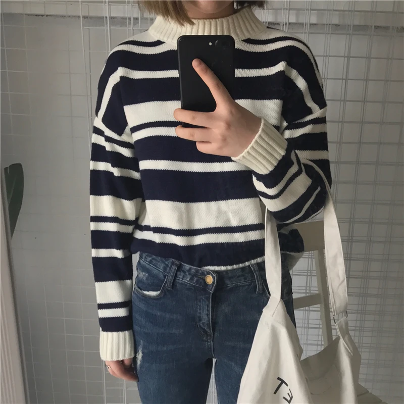

Winter Clothes Women Knitted Sweater Female Causal Long Sleeve Pullovers O-neck Loose Ladies Tops Hipster Striped Sweaters Ins