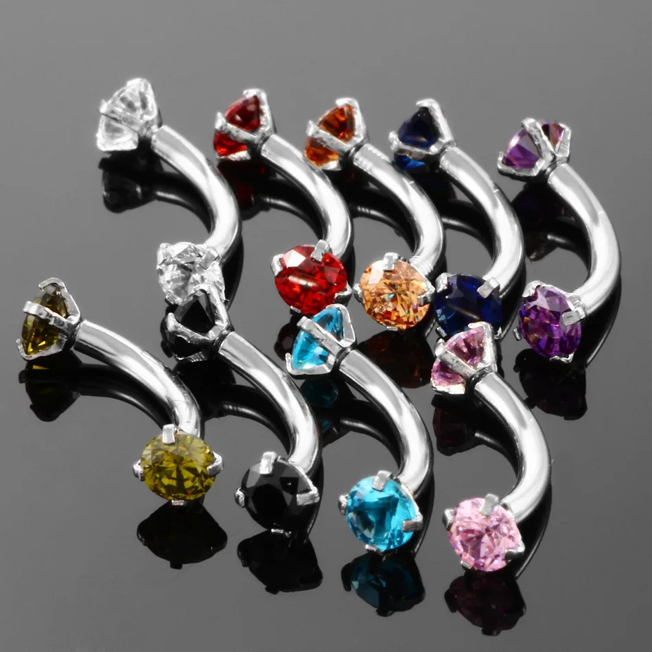 

2Pcs Surgical Steel Piercing Labret Eyebrow Nipple Ring Colored Zircon Curved Banana Barbell Lip Tragus Bar Piercing Jewelry 16G