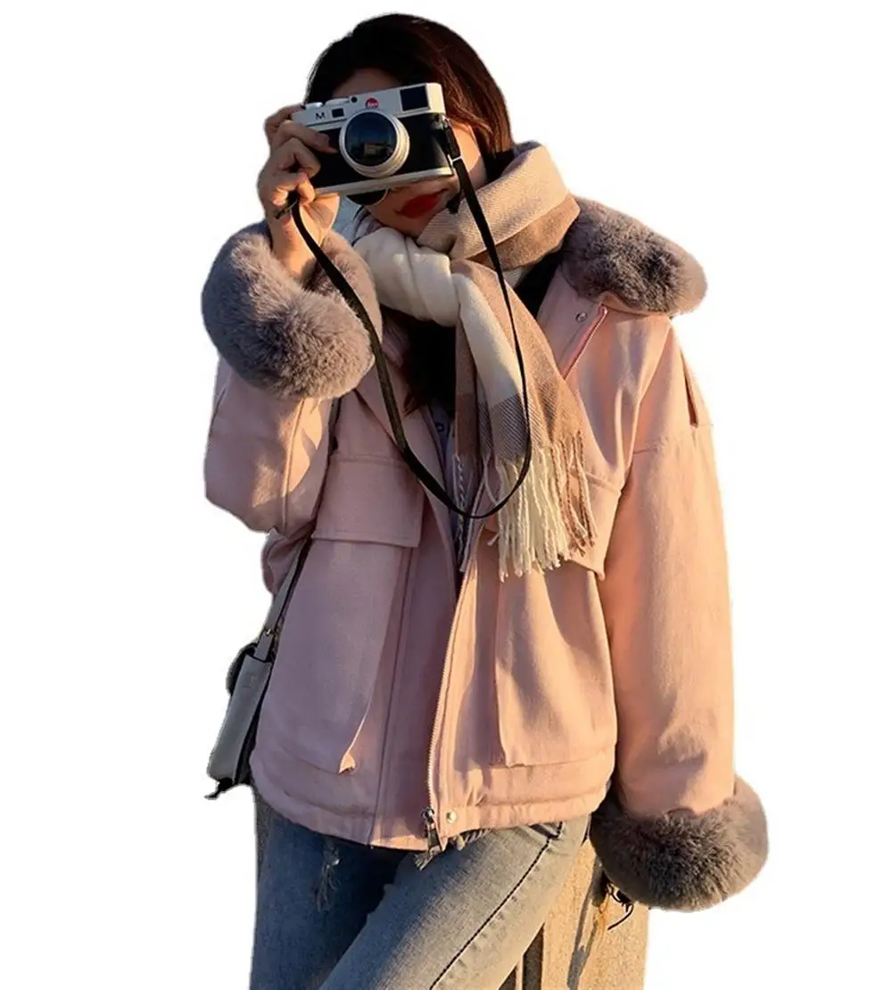 

Зимняя женская куртка, корейское пальто, теплая хлопковая короткая верхняя одежда Parker, однотонные модные повседневные свободные меховые То...