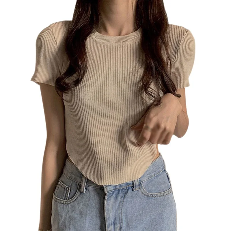 

Women T-Shirts Slim Exposed Navel Knitted Short Sleeve Top O Neck Irregular Simplicity Casual T Shirt Tops Tees