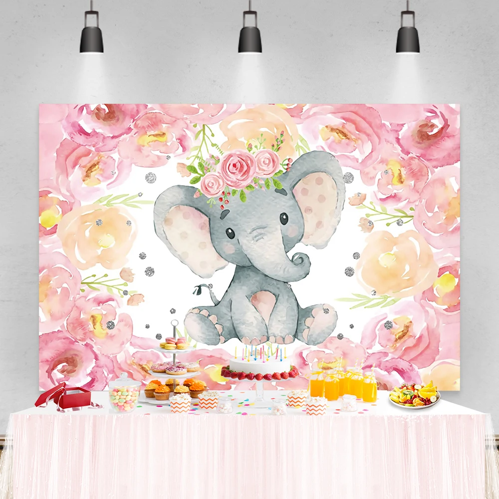 

Laeacco фоны для фотосъемки с изображением маленького слона и розовых цветов, фоны для детского душа, Фотофон для дня рождения, фотосессия для ф...