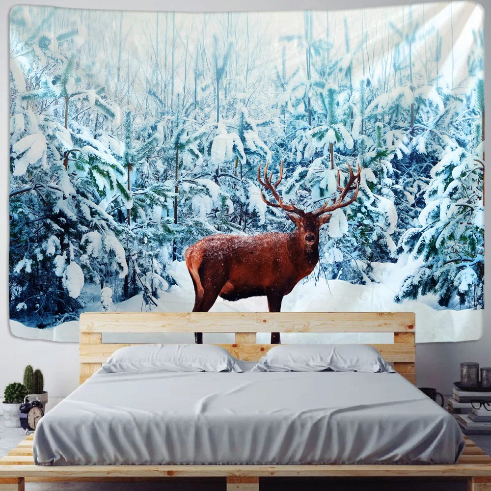 Рождественский гобелен домашний Настенный полиэстер олень в снегу животные