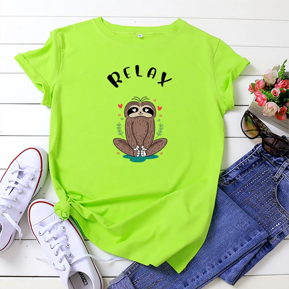 MK 100% Cotton RELAX Sloth Printed Short-Sleeved T-Shirt for Ladies Summer Tshirts Oversized S-XXL O-Neck Tops Tees | Женская одежда