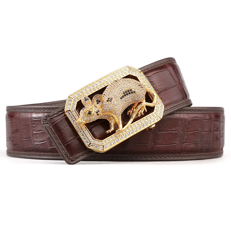 mouse brown McParko Crocodile Belt Mens Leather Belts With Buckle Luxury Animal Design Genuine Leather Waist Belt with rhinestones Buckle - Цвет: mouse brown