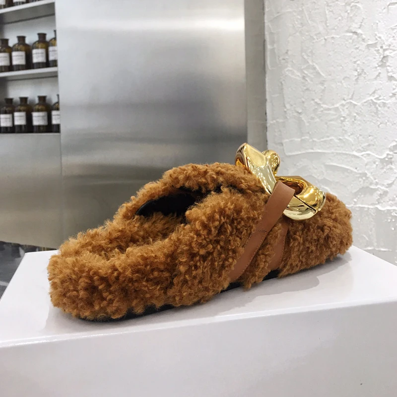 

Furry Fur Slides Gold Chain Plush Slippers Designer Fluffy Flip Flops Female Luxur Brand Designer Flip Flops Women Shoes